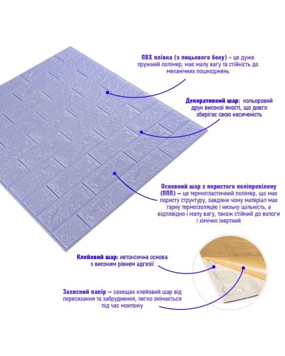 3D панель самоклеюча цегла світло - фіолетова 700х770х5мм (015-5) SW-00000083