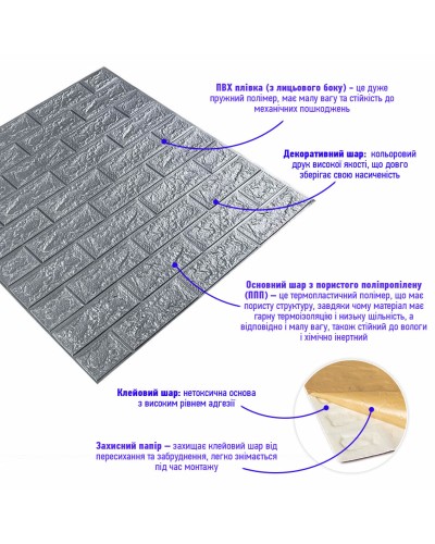 3D панель самоклеюча цегла Срібло 700х770х5мм (017-5) SW-00000038