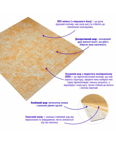 Декоративная 3D панель самоклейка под кирпич Бежевый мрамор 700x770x5мм (062) SW-00000032