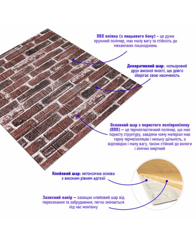 Декоративна 3D панель самоклейка під цеглу червону Катеринославський 700х770х5мм (043) SW-00000031