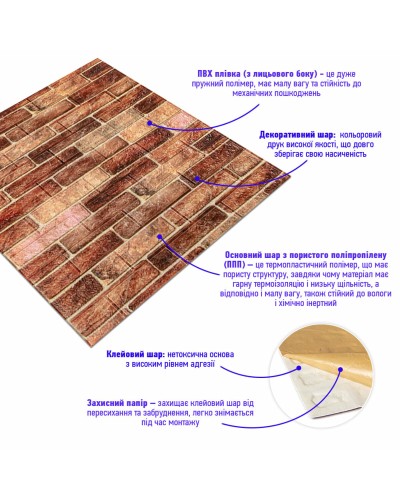 Самоклеющаяся декоративная 3D панель под коричневый кирпич екатеринослав 700x770x5мм (179) SW-00000248