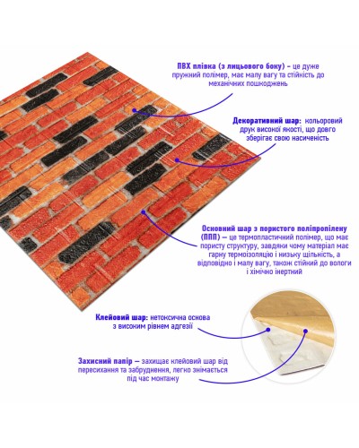 Самоклеюча декоративна 3D панель під бежево-коричневу матову цеглу катеринослав 700х770х5мм (047M) SW-00000636