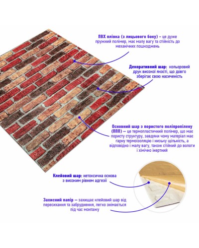 Самоклеюча декоративна 3D панель під бежево-коричневу цеглу катеринослав 700х770х3мм (047-3) SW-00000695