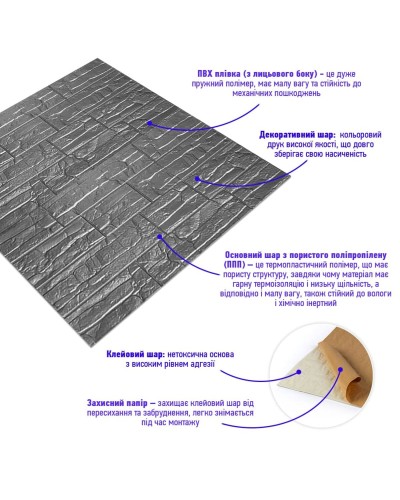 Самоклеюча 3D панель культурний камінь срібло 700x770x5мм (156) SW-00000751