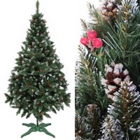 Новорічна Ялина 2 м з білим напиленням на кінчиках з шишками та червоними ягодами.