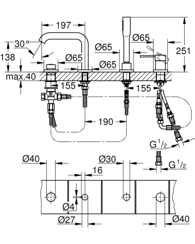 Смеситель на борт ванны на 4 отверстия Grohe Essence New (19578001)