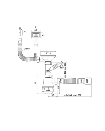 Сифон для кухни ZERIX SK-02-B 3 1/2"x40 с резьбовым выпуском и отводом для стиральной машины (ZX495)