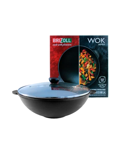 Чугунная сковорода WOK с крышкой Brizoll 4,7 л