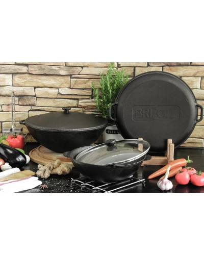 Чугунная сковорода WOK с крышкой Brizoll 4,7 л