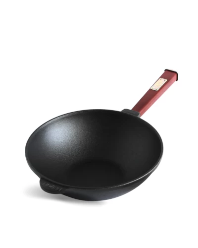 Сковорода чугунная с деревянной ручкой Бордо и стеклянной крышкой WOK Brizoll 2,2 л