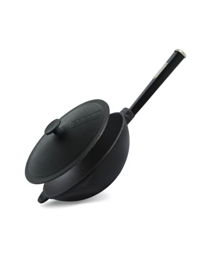 Сковорода чавунна з дерев`яною ручкою Black та чавунною кришкою WOK Brizoll 2,8 л