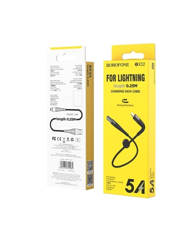 Кабель BOROFONE BX32 USB to iP 2.4A, 0.25m, nylon, aluminum+TPE connectors, Black (BX32LB0.25)