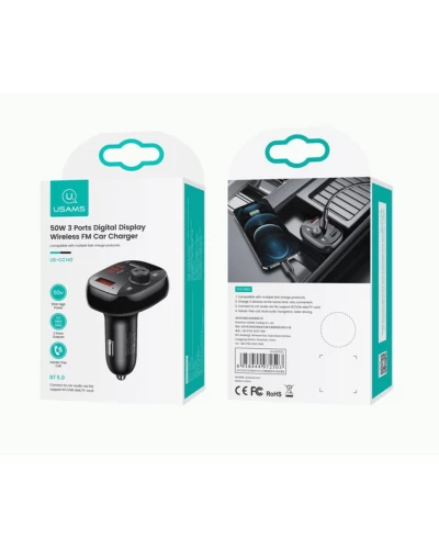 ОЗУ Usams US-CC143 C25 50W 2A+C 3 Ports Digital Display Wireless FM Car Charger Black