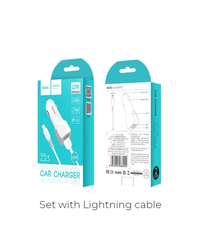 Автомобильное зарядное устройство HOCO Z23 имеет большой стиль dual-port car charger set with iP cable White (6957531078012)