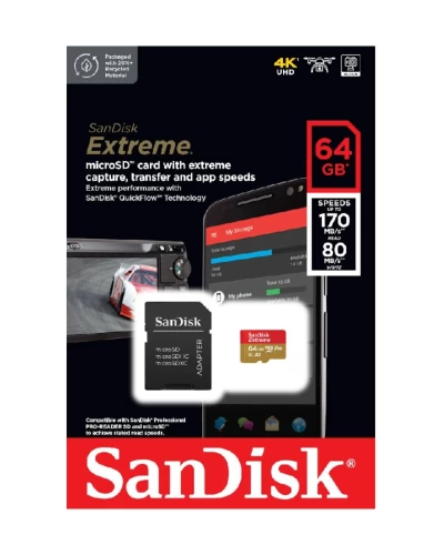 microSDXC (UHS-1 U3) SanDisk Extreme A2 64Gb class 10 V30 (R170MB/s, W80MB/s) (adapter SD) (SDSQXAH-064G-GN6MA)