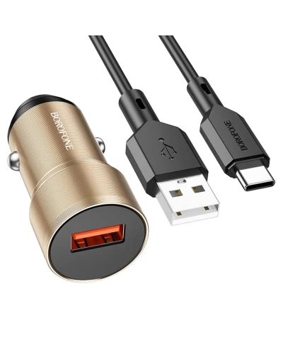 Автомобильное зарядное устройство BOROFONE BZ19A Wisdom single port QC3.0 car charger set(Type-C) 18W Gold (BZ19ACG)