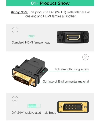 Кабель UGREEN 20124 DVI 24+1 Male to HDMI Female Adapter (Black) (UGR-20124) (UGR-20124)