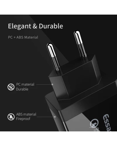 Сетевое зарядное устройство для Essager Fangbo QC3.0 3U (QC+Dual 2.4A) Charging Head black (ECTQC3-FBB01 (ECTQC3-FBB01)