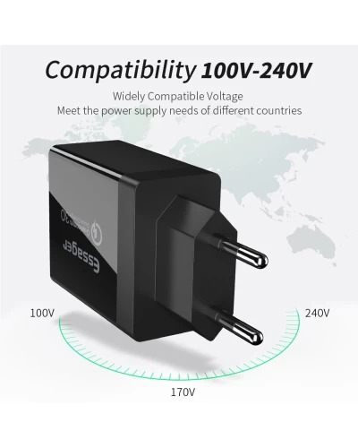 Сетевое зарядное устройство для Essager Fangbo QC3.0 3U (QC+Dual 2.4A) Charging Head black (ECTQC3-FBB01 (ECTQC3-FBB01)