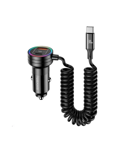 ОЗУ Usams US-CC167 C33 30W Car Charger With Spring Cable Black (CC167CC01)