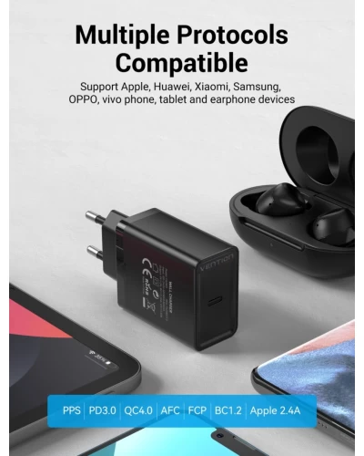 Зарядное устройство Vention 1-port USB-C Wall Charger(20W) EU-Plug Black (FADB0-EU) (FADB0-EU)