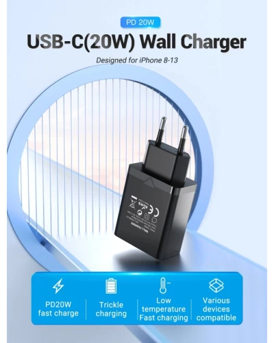 Зарядное устройство Vention 1-port USB-C Wall Charger(20W) EU-Plug Black (FADB0-EU) (FADB0-EU)