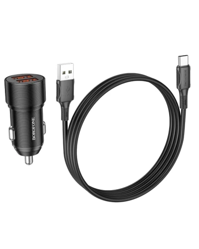 Автомобильное зарядное устройство BOROFONE BZ19B Wisdom 36W dual port QC3.0 car charger set(Type-C) Black (6941991101533)
