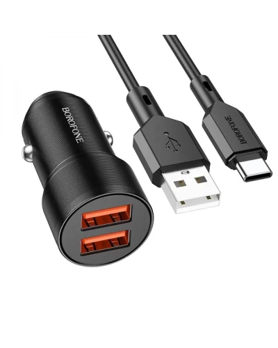 Автомобильное зарядное устройство BOROFONE BZ19B Wisdom 36W dual port QC3.0 car charger set(Type-C) Black (6941991101533)