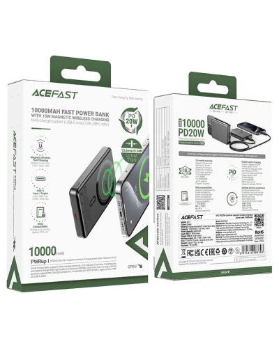 Внешний аккумулятор ACEFAST M12 PD20W ultra-thin magnetic wireless charging power bank 10000mAh, Black (6974316283393)