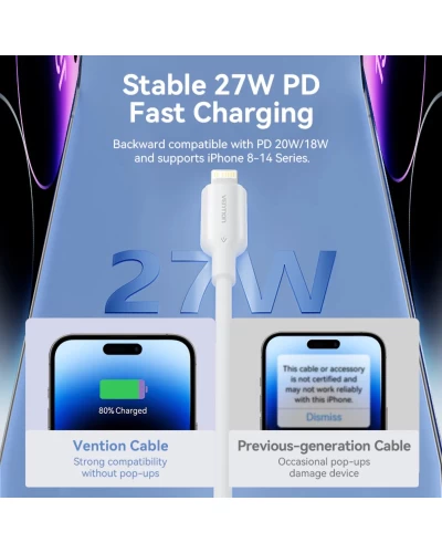 Кабель Vention USB 2.0 Type-C Male to Lightning Male 3A Cable 1M Black PVC Type (LAKBF)