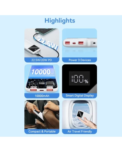 Зовнішній акумулятор Vention 10000mAh Power Bank (Micro-USB + USB-C + USB-A + USB-A) 22.5W White LED Display Type (FHKW0)