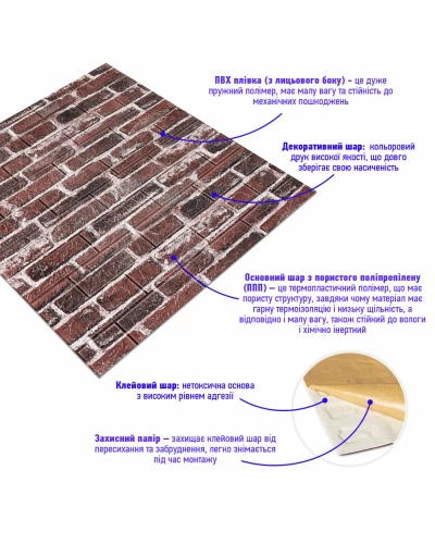 Декоративная 3D панель самоклейка под кирпич красный Екатеринославский 700x770x5мм (043) SW-00000031