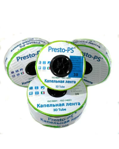Крапельна стрічка Presto-PS емітерна 3D Tube крапельниці через 20 см витрата 2.7 л/год, довжина 500 м (3D-20-500)